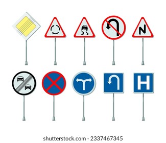 Unterschiedliche Straßenschilder, Vektorgrafiken-Set. Priorität, Verbot, obligatorische Schilder und Verkehrsgesetze auf weißem Hintergrund. Verkehr, Straßenverkehrssicherheit, Verkehrskonzept