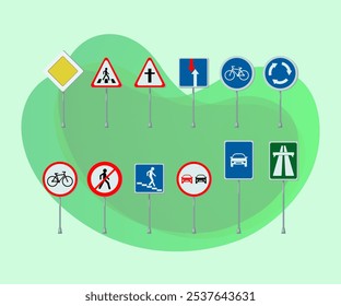 Diferentes Ilustraciones vectoriales de señales de tráfico o carretera establecidas. Colección de dibujos animados de carteles sobre soportes metálicos para peatones y conductores. Seguridad del tráfico, concepto de transporte