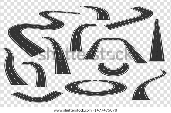 Different roads in perspective set. City\
highways. Curved and straight city road\
collection