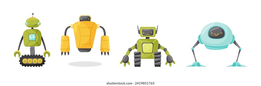 Different Robot with Arm and Metal Parts Vector Set