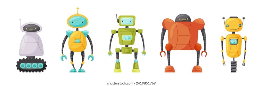 Different Robot with Arm and Metal Parts Vector Set