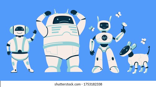 Different robots set. Futuristic humanoid, cyborg, dog isolated on blue background. Flat vector illustration for ai technology, robotics, evolution concept