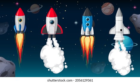 Different rocket ship in space scene illustration