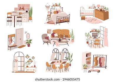 Different rooms at home isolated scenes set. Kitchen, bedroom, hallway, living room, wardrobe. Furniture and decorations. Bundle of modern interiors. Vector illustration in flat cartoon for web design