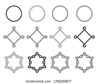 Different rope frames flat icon set. Decorative vintage Round and square cordage knot stamp vector illustration collection. Design and decoration concept