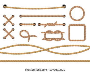 Different Ropes. Realistic Marine Round And Square Rope Border. Jute Or Hemp Cordage Frames, Curve And Straight Lasso, Round Twine Loop And Knot Isolated Decorative Elements Vector Set