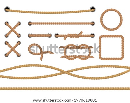 Different ropes. Realistic marine round and square rope border. Jute or hemp cordage frames, curve and straight lasso, round twine loop and knot isolated decorative elements vector set