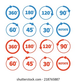 Different rotation angles vector icon set 360 180 120 90 60 45 30 degree