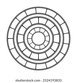 Diferentes marcos redondos con tiras de película como borde. Cintas de película o cámara fotográfica en Formas circulares. Diseños de guion gráfico. Fotografías Plantillas de collage. Vector ilustración gráfica.