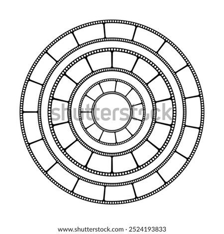 Different round frames with film strips as a border. Movie or photo camera tapes in circle shapes. Storyboard layouts. Photographies collage templates. Vector graphic illustration.
