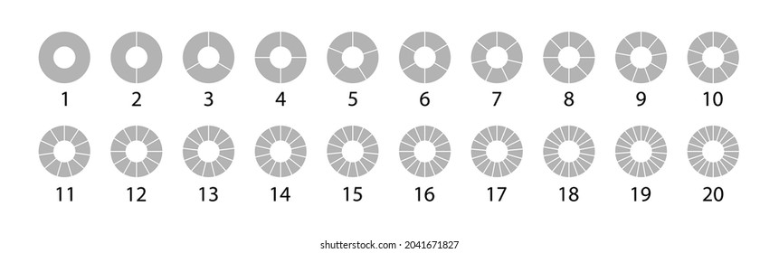 Different round graphic Pie charts gray set. Vector round 20 section. Segmented circles set isolated on a white background