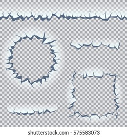 Different Round Rectangular Blue Transparent Ice Crack Hole Set Collection On Lake Or River. Winter Theme Graphic Vector Clipart