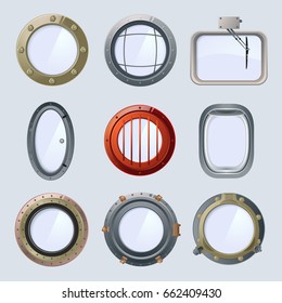 Different round ship and plane portholes. Vector illustration isolate on white