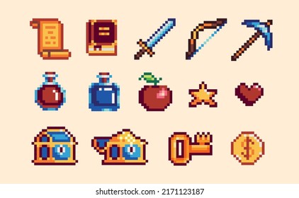 Different Rpg Elements Pixel Art Set. Weapon, Potion, Treasure, Scroll, Food Collection. 8 Bit Sprite. Game Development, Mobile App.  Isolated Vector Illustration.