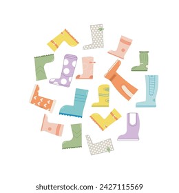 Different rubber boots circle composition. Colorful pairs of shoes for rainy weather round badge. Autumn and spring elements isolated on white background. Vector flat illustration.