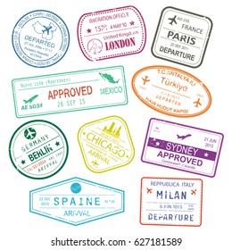 Different rubber stamps or visa signs in passport for Germany Berlin town or city, china or PRC, Spain and Milan, USA and turkey, france. Tourism and foreign travel, international immigration theme