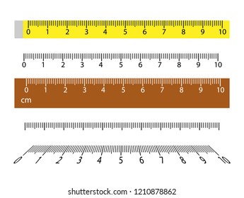 Different ruler tool, length and weight measurement tape set. Isolated vector clipart.