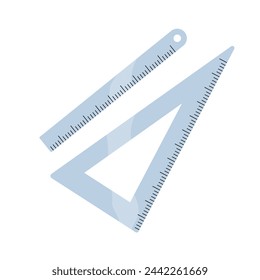 Different rulers to measure length. Metal triangle with centimeter, millimeter scale. School stationery for drafting straight lines. Geometry supplies, tool. Flat isolated vector illustration on white