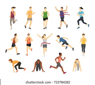 Different running athlets sport people runner group with kit elements silhouette character design let's run concept vector illustration.