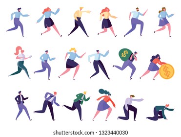 Different Running Character Reach Goal Success Set. Isolated People Run in Various Lifestyle Business Worker Leader Manager Robber Sportsman. Tired Worker Flat Cartoon Vector Illustration