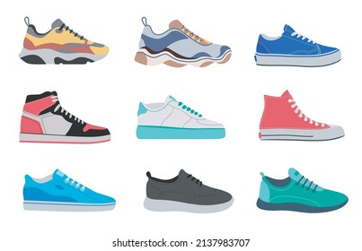 Different running shoes designs vector illustrations set. Realistic cartoon drawings of modern sneakers, footwear for fitness isolated on white background. Fashion, healthy lifestyle, sports concept