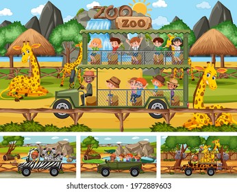 Different safari scenes with animals and kids cartoon character illustration