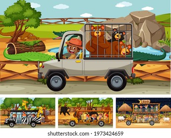 Different safari scenes with animals and kids cartoon character illustration