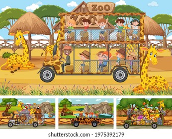 Different safari scenes with animals and kids cartoon character illustration