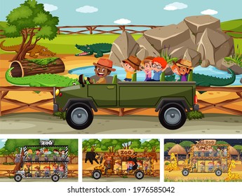 Different safari scenes with animals and kids cartoon character illustration