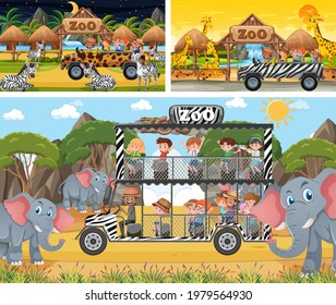 Different safari scenes with animals and kids cartoon character illustration