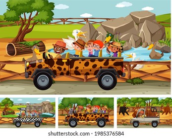 Different safari scenes with animals and kids cartoon character illustration