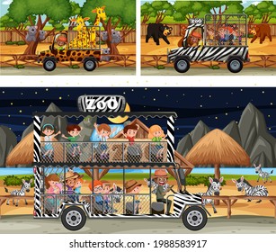 Different safari scenes with animals and kids cartoon character illustration