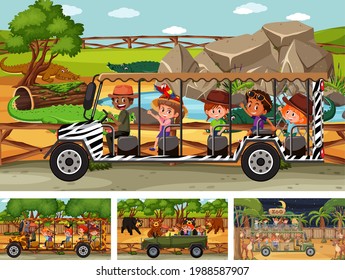 Different safari scenes with animals and kids cartoon character illustration