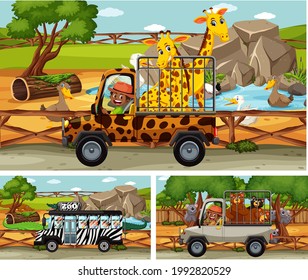 Different safari scenes with animals and kids cartoon character illustration
