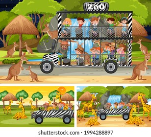 Different safari scenes with animals and kids cartoon character illustration