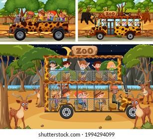 Different safari scenes with animals and kids cartoon character illustration