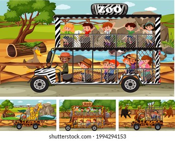 Different safari scenes with animals and kids cartoon character illustration