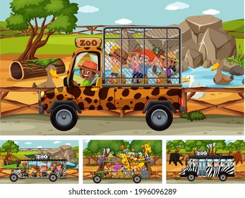 Different safari scenes with animals and kids cartoon character illustration