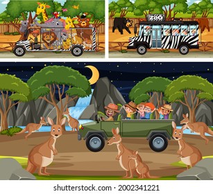 Different safari scenes with animals and kids cartoon character illustration