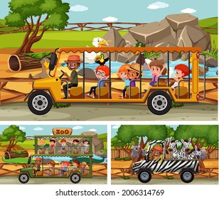 Different safari scenes with animals and kids cartoon character illustration