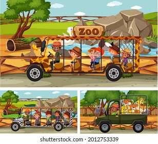 Different safari scenes with animals and kids cartoon character illustration