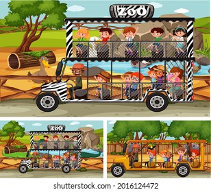 Different safari scenes with animals and kids cartoon character illustration