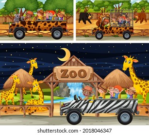 Different safari scenes with animals and kids cartoon character illustration