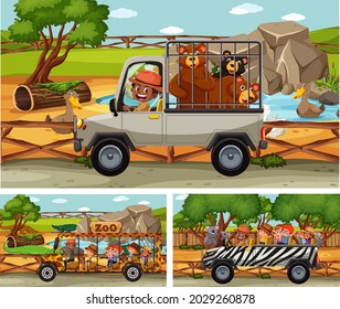 Different safari scenes with animals and kids cartoon character illustration