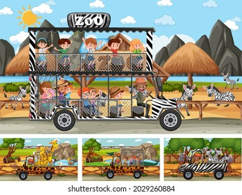 Different safari scenes with animals and kids cartoon character illustration