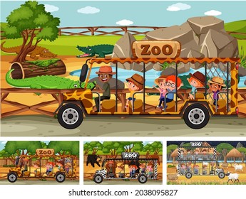 Different safari scenes with animals and kids cartoon character illustration