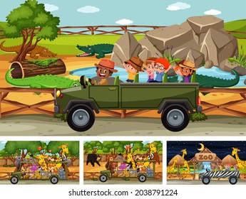 Different safari scenes with animals and kids cartoon character illustration