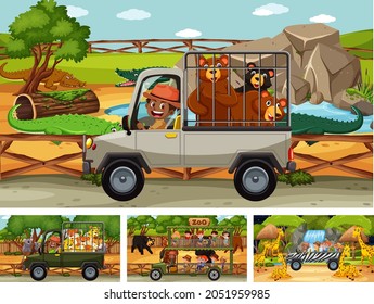 Different safari scenes with animals and kids cartoon character illustration