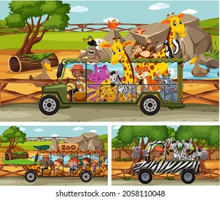 Different safari scenes with animals and kids cartoon character illustration