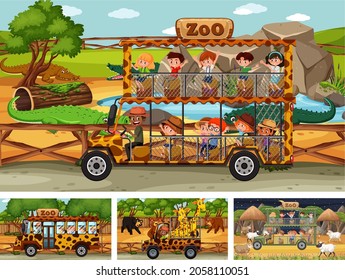 Different safari scenes with animals and kids cartoon character illustration